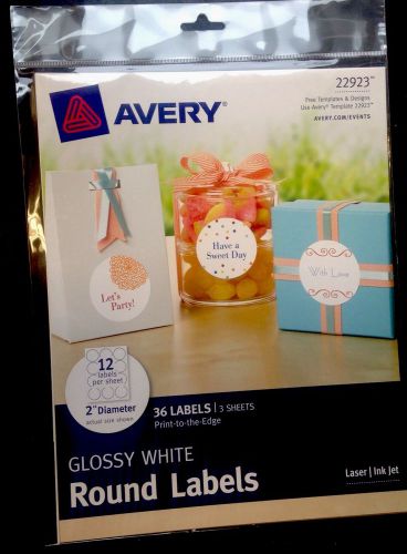 NEW Avery | Glossy White Round Labels | 36 Labels | 2” Diameter | Template 22923
