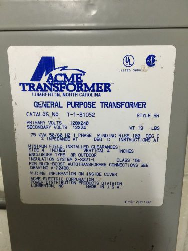Acme t-1-81052 sr 75kva 75 kva pri,: 120x240v sec.: 12x24v 1ph transformer for sale