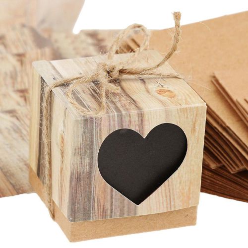 50pcs Kraft Brown Shabby Candy Gift Boxes with Rope Wedding Favor Love Heart