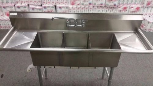 S/s commercial 3 compartment bay sink with 2 drain boards faucets 70&#034;w x 22&#034; for sale
