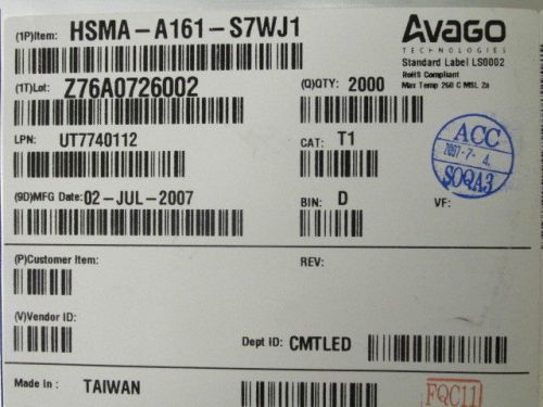 10000 PCS AVAGO HSMA-A161-S7WJ1 LED, Amber, 590 nm, 1.9 V, 20 mA