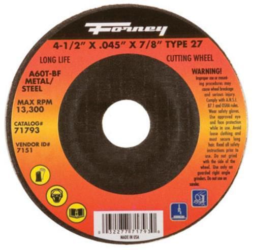 Forney 71793 Cut-Off Wheel 4-1/2&#034;x0.045&#034;x7/8&#034;, Steel