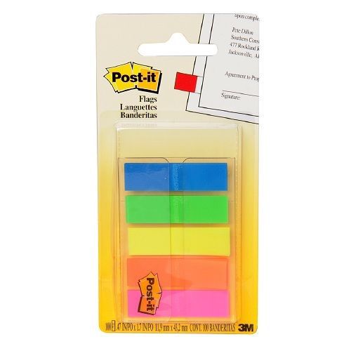 3M Post-It Flags, Assorted Bright Colors, 1/2&#034;, 100ct 021200729775T214