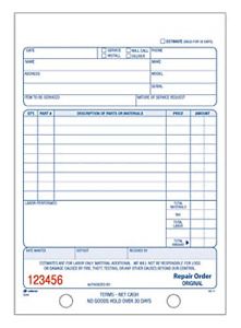 Adams Repair Order Book, 3-Part Carbonless, White/White/White, 5-9/16 x 8-7/16