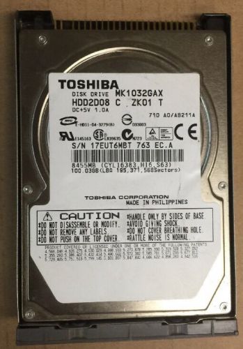 MK1032GAX, A0/AB211A, HDD2D08 G5B001283000-A, Toshiba IDE 2.5 100GB Dell Caddy