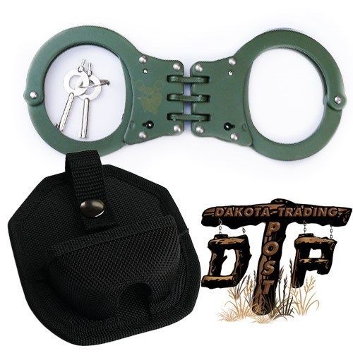 GREEN HINGED DOUBLE LOCK POLICE HANDCUFFS W/ KEYS &amp; CASE