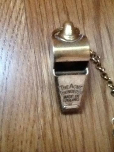 ACME THUNDERER SMALL POLISHED BRASS POLICE WHISTLE GOLD W/ Chain &amp; Button Clasp