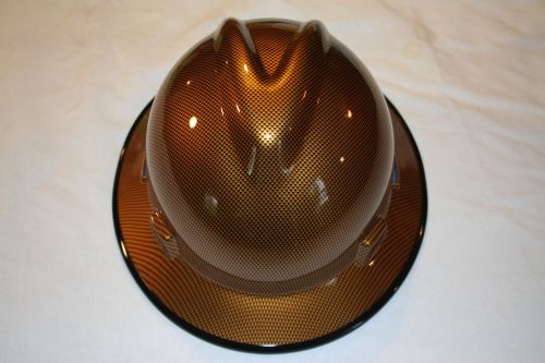 New Custom MSA V-Gard (Full Brim) Hard Hat W/Fas-Trac Ratchet Gold Carbon Fiber