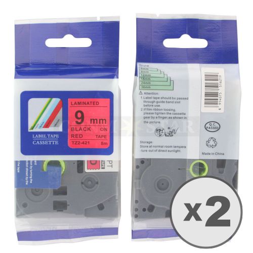 2pk black on red tape label compatible for brother p-touch tz tze 421 9mm 3/8&#034; for sale