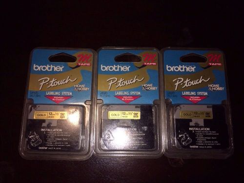 NEW 3 Brother P-Touch Label Tape M831 M-831 1/2&#034; Black Print On Gold Tape