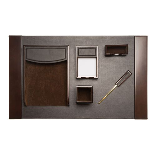 Bey Berk Wood &amp; Brown Leather 6Pc Desk Set