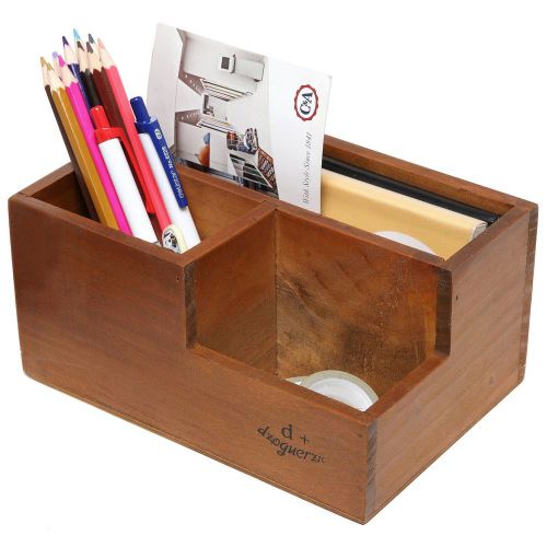Desktop Organizer Classic Wood &amp; Brown Office Pen Holder Mail Holder Storage New