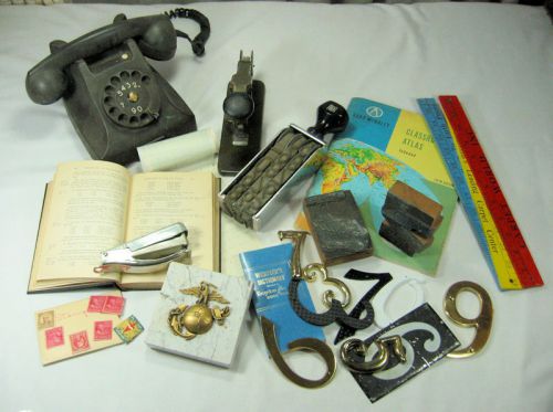 Vintage Office Supply Lot Bakelite Phone, Staplers, Printers Block, Paper Weight