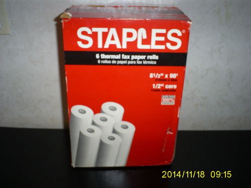 Staples Thermal Fax Paper Rolls- FIVE (5) NIB 8.5 8.5&#034; x 98&#039; 8 1/2 inch core