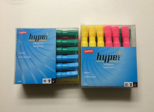 New Lot of 2 HYPE! STAPLES CHISEL TIP HIGHLIGHTERS 12/Pack in 4 COLORS