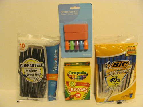 Crayola Crayons, erasers, Bic blue  and  Paper Mate black ink pens     NEW   #3