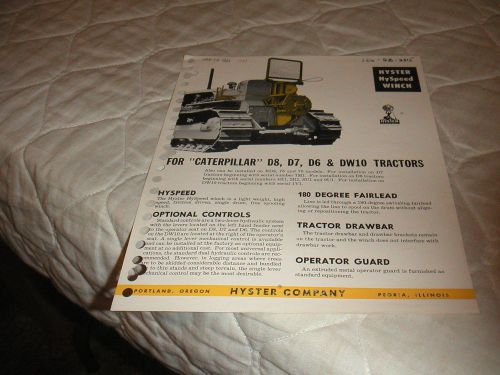 1949 HYSTER HYSPEED WINCH FOR CATERPILLAR D8, D7, D6 &amp; DW10 SALES BROCHURE