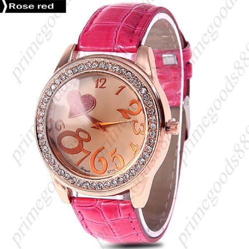Heart Big Numbers Rhinestones PU Leather Ladies Wristwatch Women&#039;s Rose Red