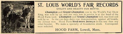 1906 ad hood farm lowell jersey cow st louis world fair - original cl4 for sale