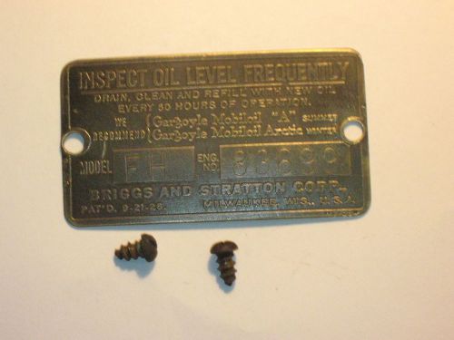 Old Antique Briggs &amp; Stratton Gas Engine Brass Serial Tag Model FH 83699