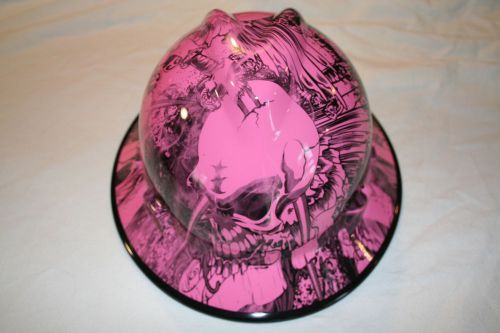 New Custom MSA V-Gard (Full Brim) Hard Hat W/Fas-Trac Ratchet Pink Tattoo Skullz