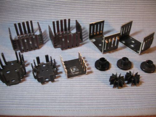 LOT OF 12 BLACK ALUMINUM HEAT SINKS, VARIOUS TYPES &amp; SIZES, SOME NEW, SOME USED