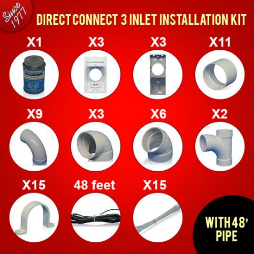 Electric Central Vacuum Installation Kit with White Inlets and 48&#039; of Pipe