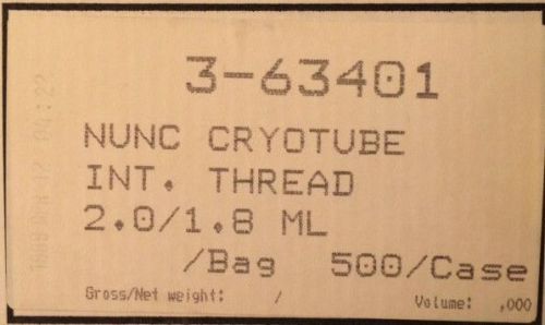 Nunc 363401, 2.0/1.8mL Cryotubes, Int. Thread, Case of 500