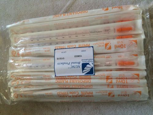 CASE OF 200 STERILE DISPOSABLE 10ml PLASTIC PIPETTES NUNC BRAND DIST BY FISHER
