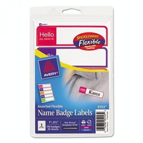 Printable Flexible Name Badge Labels, 1 x 3-3/4, &#034;Hello&#034;, Bright Asst., 100 5153