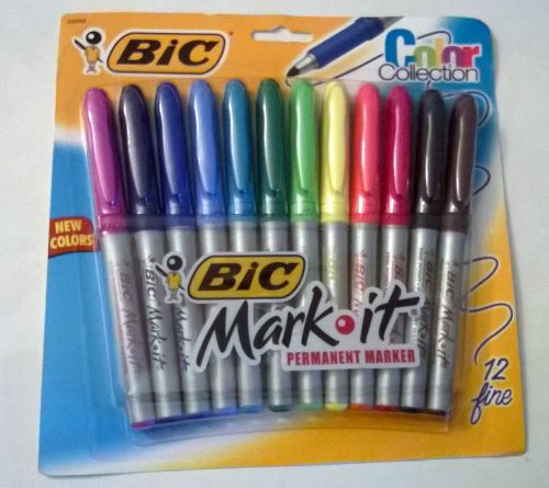 BIC GPMAP12 AST Mark-it Permanent Markers, Fine Point, Assorted, 12/Set