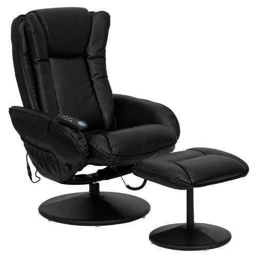 Massaging Black Leather Recliner and Ottoman w/wrapped base Armrests/relaxing