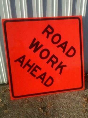 Qty 4 nice used road work ahead fluorescent vinyl corrugated road sign 48&#034; x 48&#034; for sale