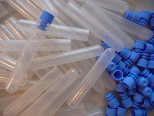 1,000 Count 12 x 75 mm Frosted/Clear Plastic Test Tubes &amp; 1,000 Blue Caps, New