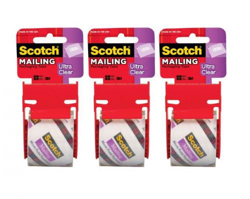 3 PACK Scotch Ultra Clear Mailing Packaging Tape with dispenser, 1.88 x 800 in