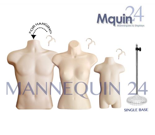 SET OF 3 FLESH MANNEQUINS: MALE, FEMALE &amp; TODDLER BODY FORMS +1 STAND +3 HANGERS