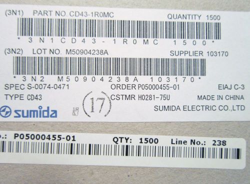 1500 PCS - CD43-1R0MC SUMIDA SMD PWR INDUCTOR 100V SINGLE N-CHANNEL HEXFET