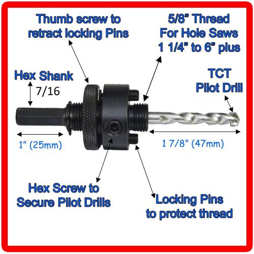 Holesaw mandrel arbor 5/8&#034; thread a2 for hole saws 1 1/8-6&#034; tct pilot 7/16&#034; hex for sale