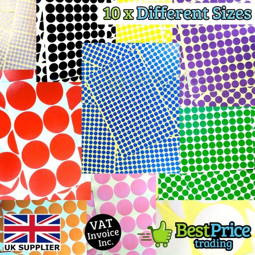 ANY SIZE Coloured Dot Stickers Round Spot Circles Dots Paper Labels *12 COLOURS
