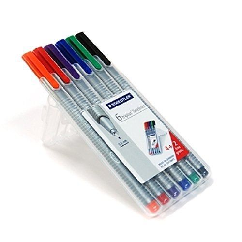 Staedtler Triplus Fineliner Pens 6 Color in Case, 0.3mm, Metal Clad Tip,