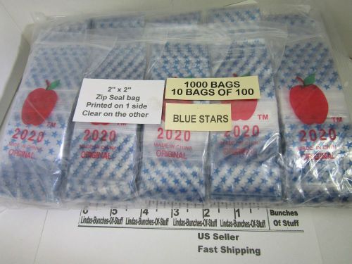 1000 blue stars 2&#034; x 2&#034; 2 mill plastic zip seal bags new! printed on one side for sale