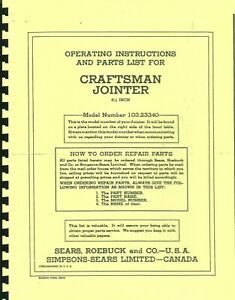 CRAFTSMAN 4 3/8&#034; Jointer 103.23340 Instructions &amp; Parts Manual 0185