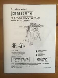 Craftsman 10” Table Saw Model 137.218073 Operating Instructions &amp; Parts Manual