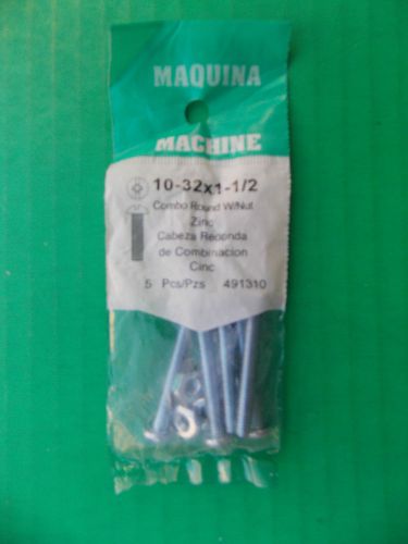 Hillman machine bolts 10-32 x 1 1/2&#034; round combo head w/nut 1 package of 5 new for sale