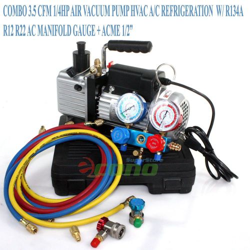 Combo 3.5cfm 1/4hp air vacuum pump hvac a/c refrigeration kit ac manifold gauge for sale