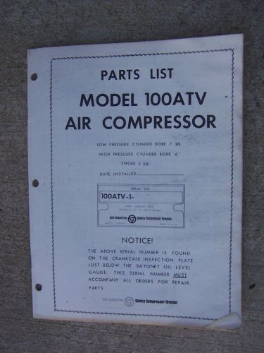 1968 Quincy Model 100ATV Air Compressor Parts List Manual High Low Pressure  R
