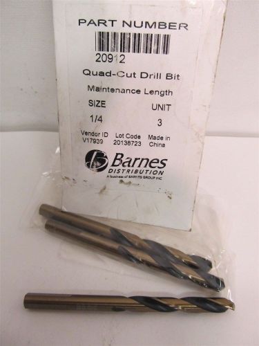 Barnes Distribution 20912, 1/4&#034; HSS Quad-Cut Maintenance Length Drill Bits 3 ea