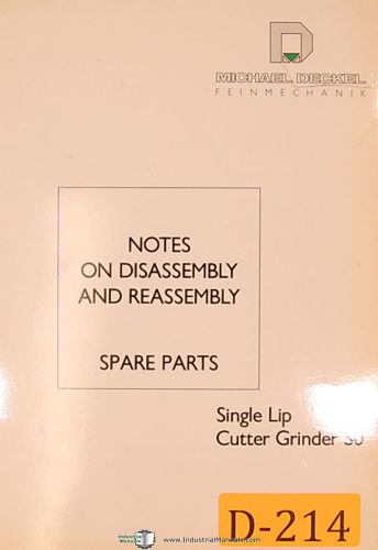Deckel so, dis-assembly and re-assembly notes &amp; spare parts manual 1987 for sale