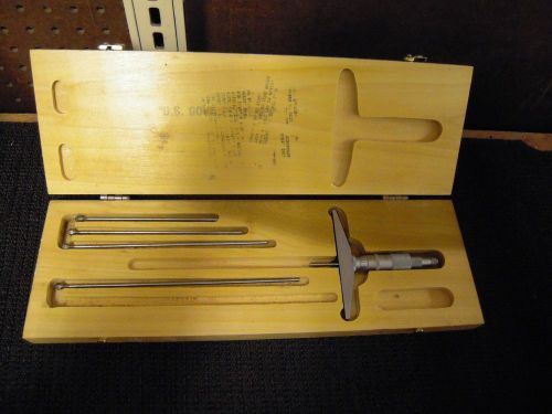 Scherr-tumico depth micrometer gauge, 0-5&#034; w/original hardwood case calibrated for sale