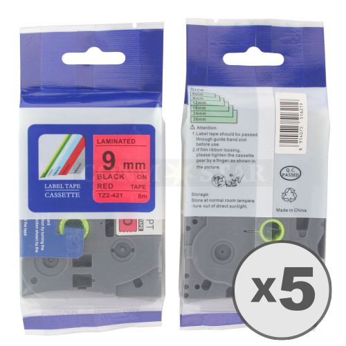 5pk Black on Red Tape Label Compatible for Brother P-Touch TZ TZe 421 9mm 3/8&#034;